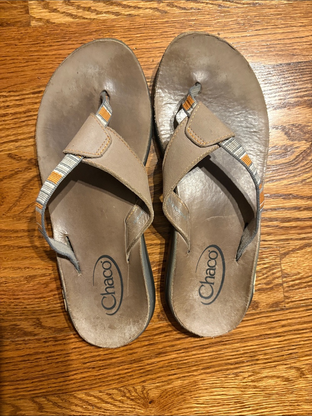 Chaco Tan Flip Sandals with Gray and Orange Striped Webbing